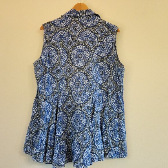 Caffe Marrakesh Blue/White Paisley Sleeveless Tunic Button Tank Top Women L Chic - Picture 2 of 14
